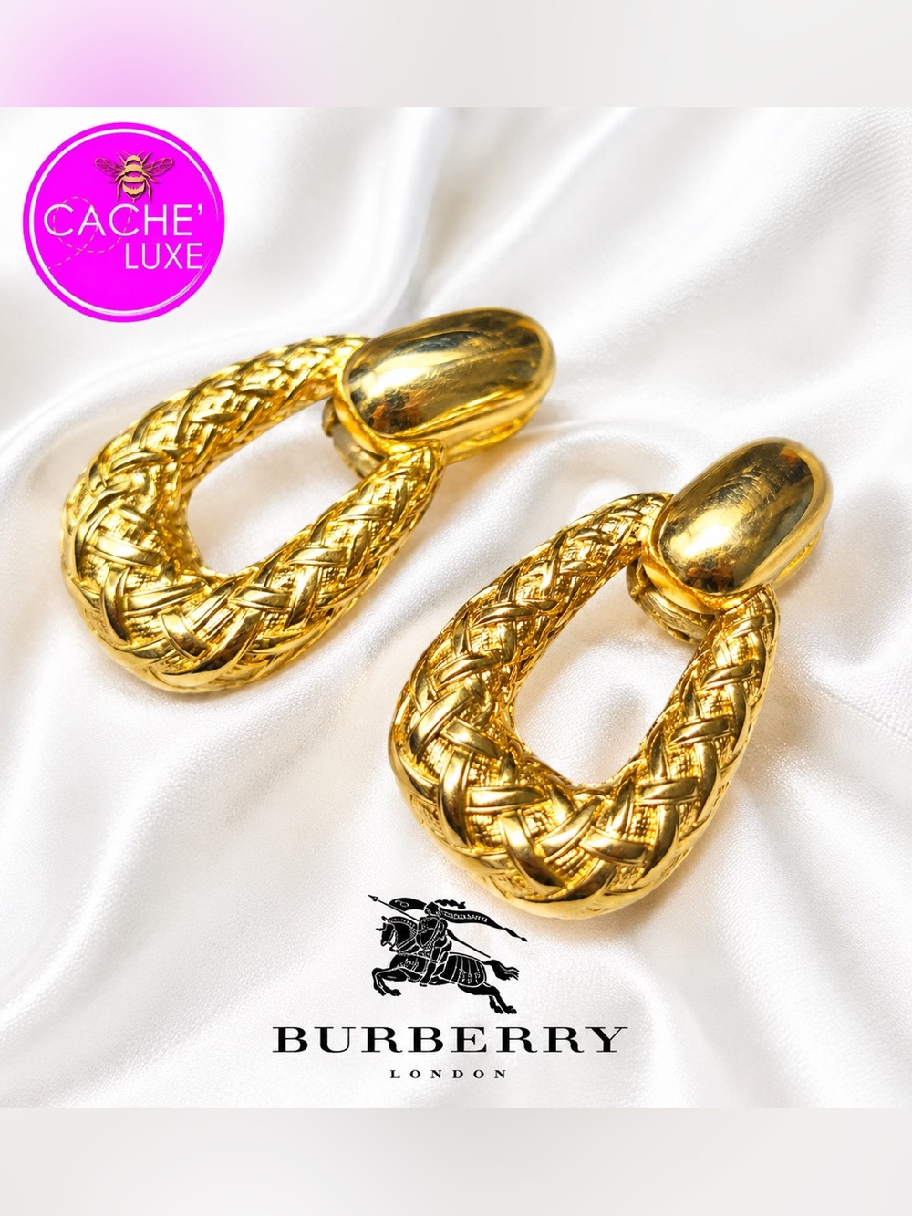 Vintage Burberrys Gold-Tone Woven Door Knocker Clip-On Earrings